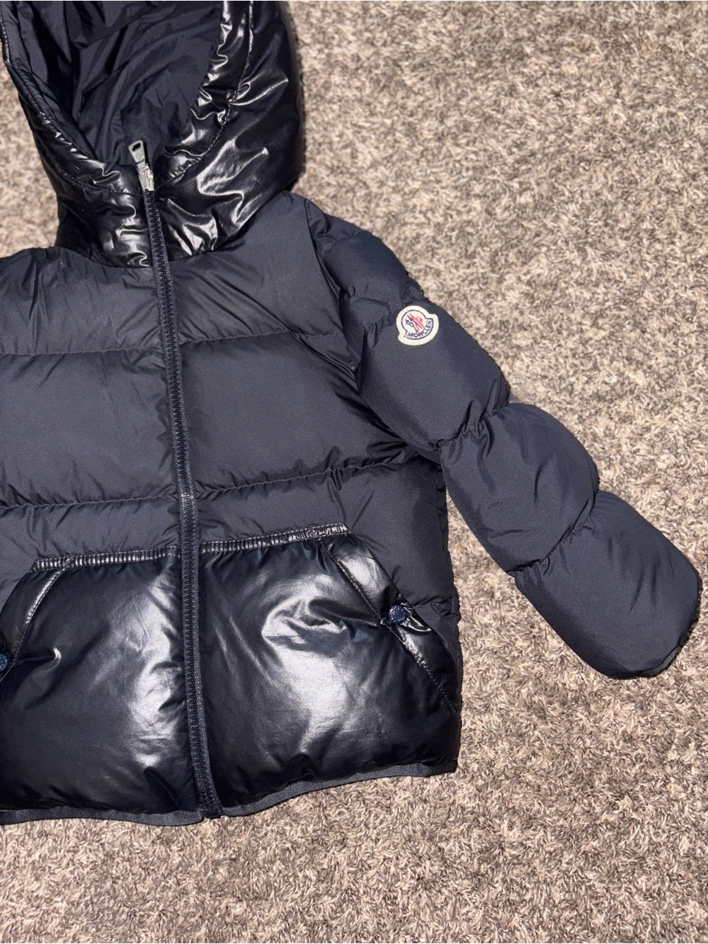 Preowned Moncler Boys Navy Black Mixed-Material Puffer Jacket with Hood